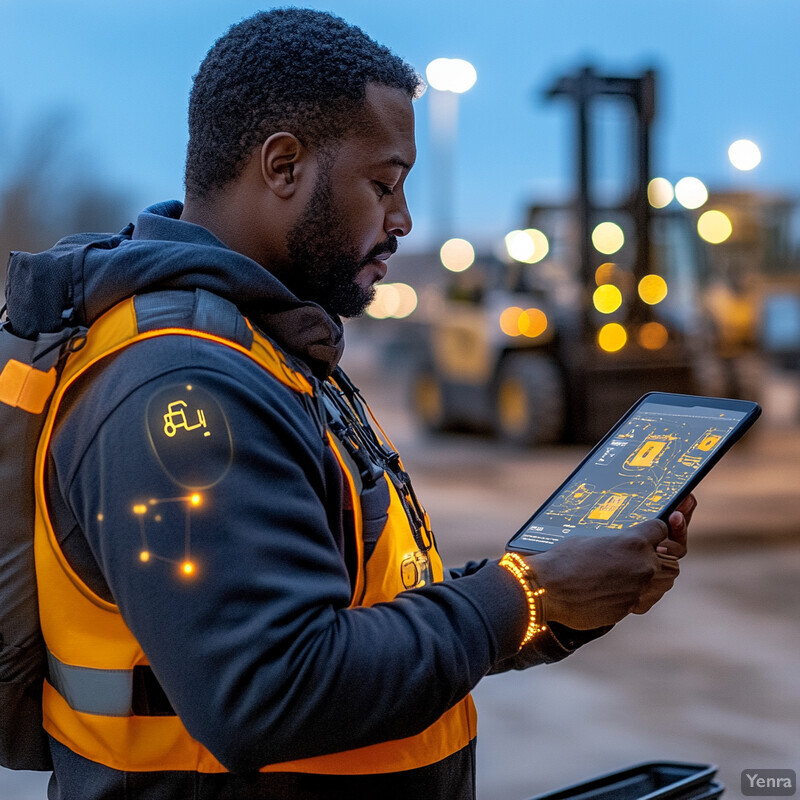 An African American man wearing a yellow and gray vest is holding a tablet in his hands, with forklifts parked in the background.