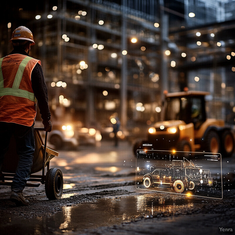 A worker in an orange safety vest and hard hat stands on a construction site at night, surrounded by machinery and lumber.