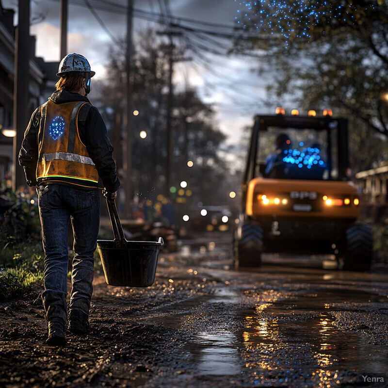 A worker is carrying a bucket while walking on a wet street at night.