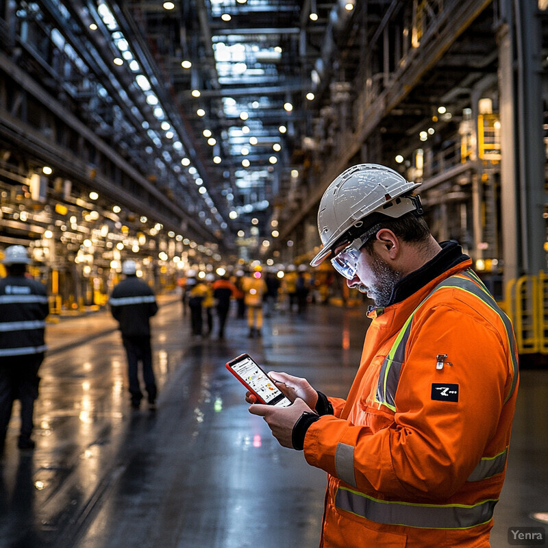 A man in an orange jacket is holding a smartphone in a large industrial room.