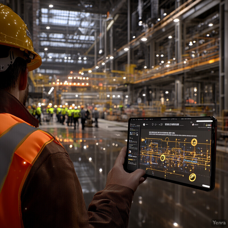 A man in a hard hat and safety vest is monitoring the performance of an industrial facility using tablets.