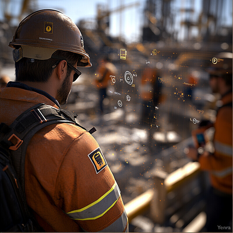 A construction worker in an orange safety vest and hard hat is shown with various icons floating around him, suggesting a connection to project management or construction planning software.