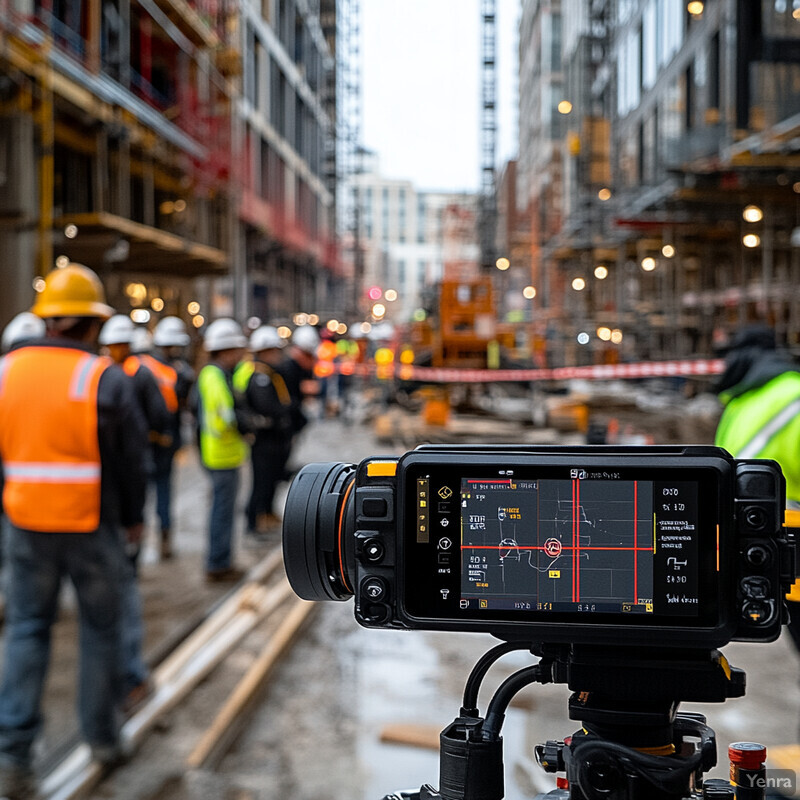 A construction site with workers in safety gear and a camera equipped with real-time hazard detection software.