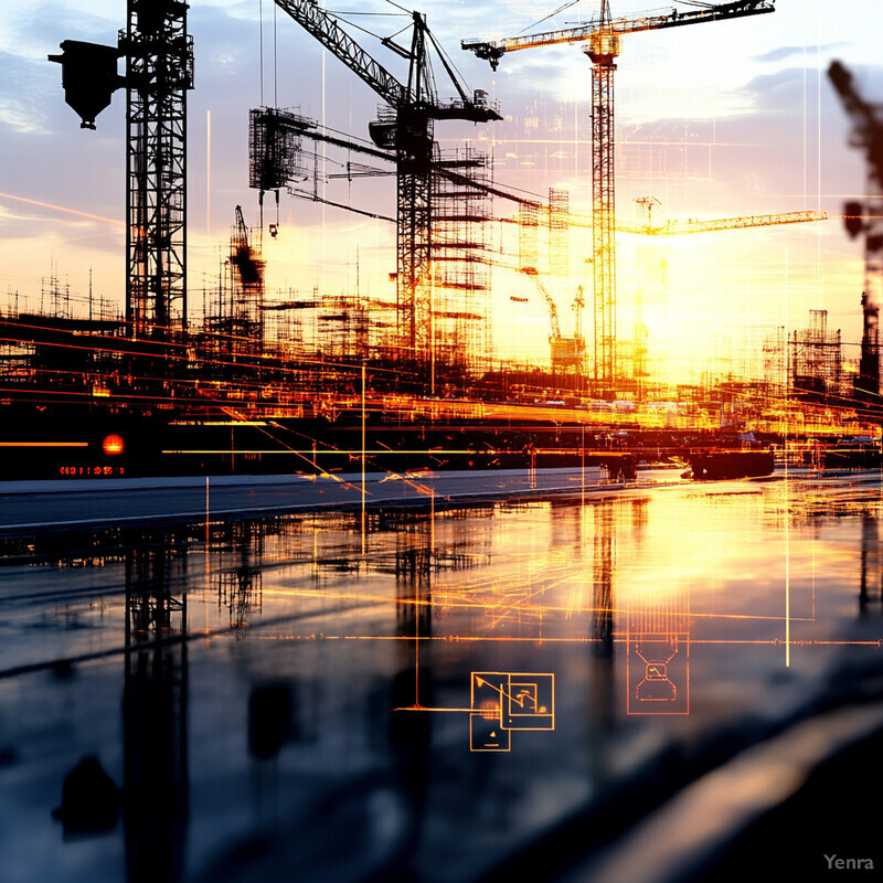 Construction site at sunset with multiple cranes and scaffolding visible.