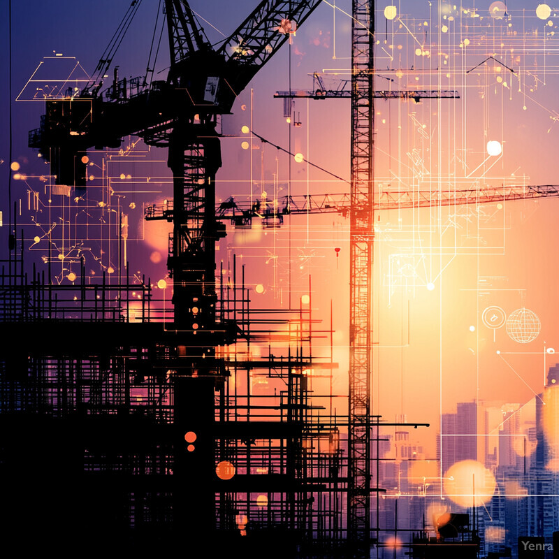 A construction site with cranes and scaffolding in the background, set against an orange sky.