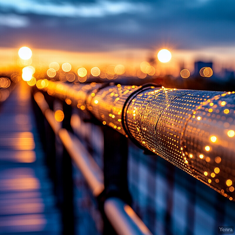 A bridge with a railing adorned with string lights during sunset.