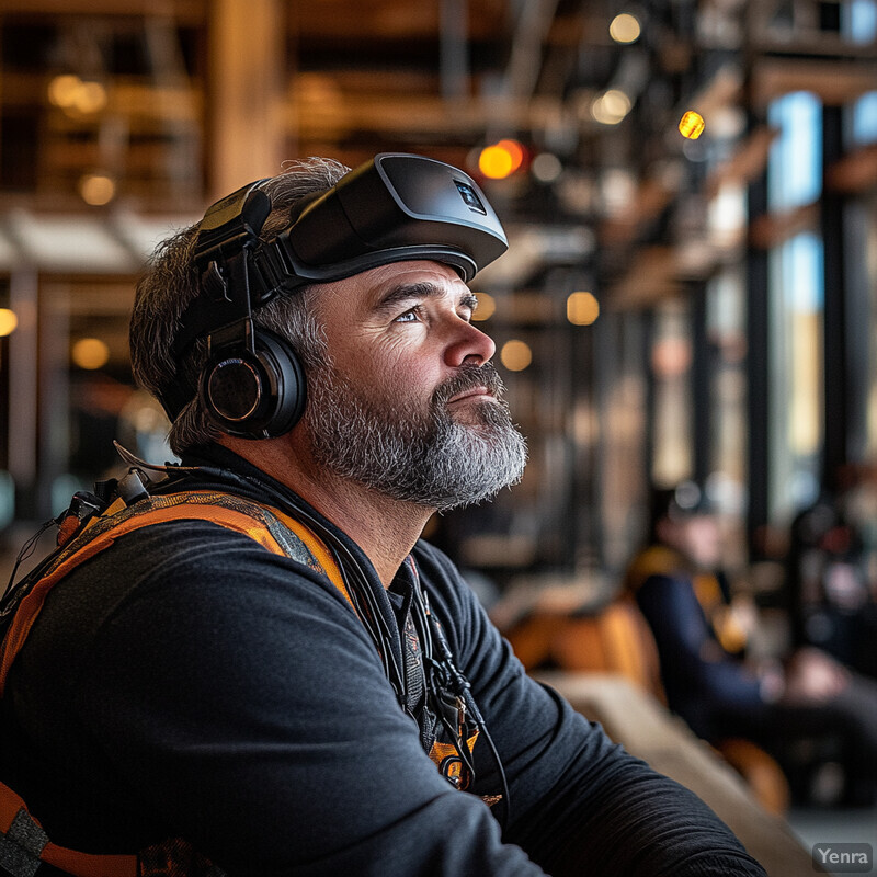 A man wearing virtual reality safety training equipment in an industrial setting.