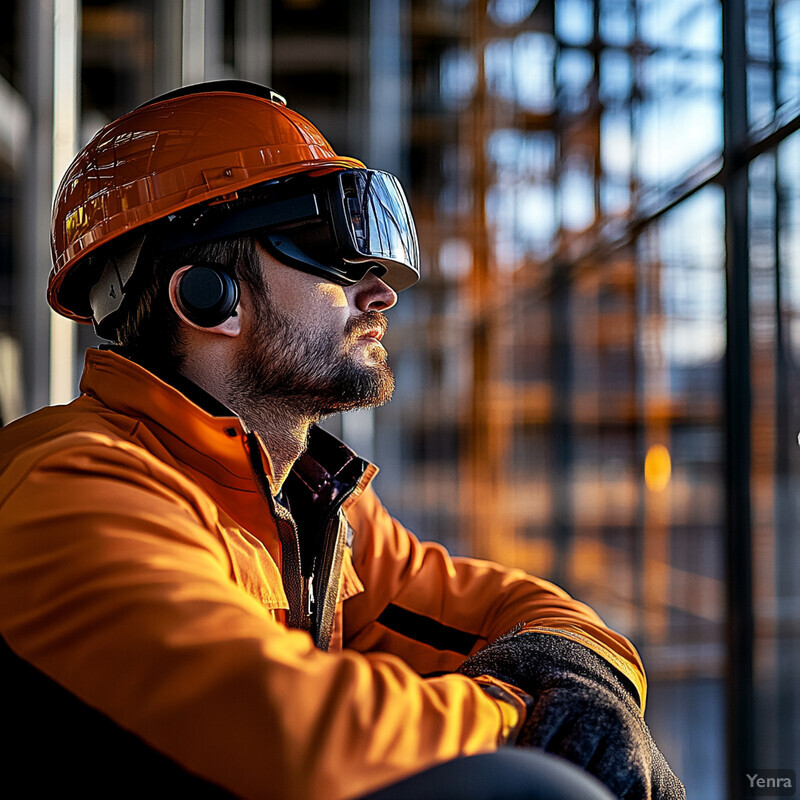 A man in an orange hard hat and coat participates in virtual reality safety training on a construction site.