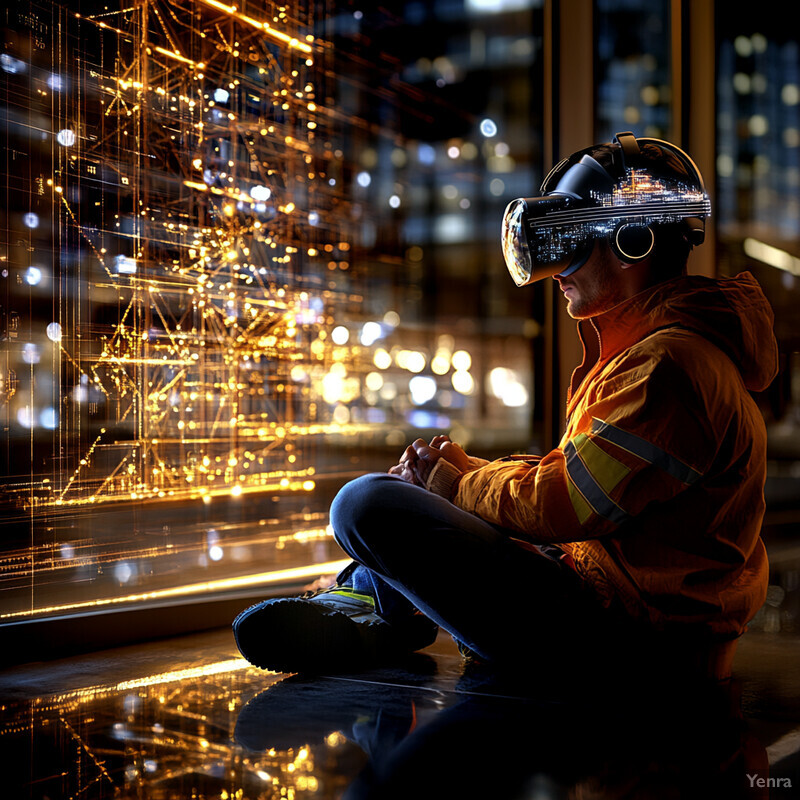 A person in VR goggles sits in front of a large screen displaying a cityscape at night.