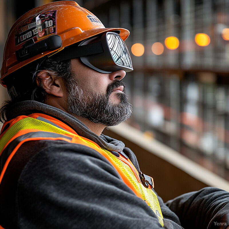 A man in a hard hat and safety vest is sitting in front of a blurred background.