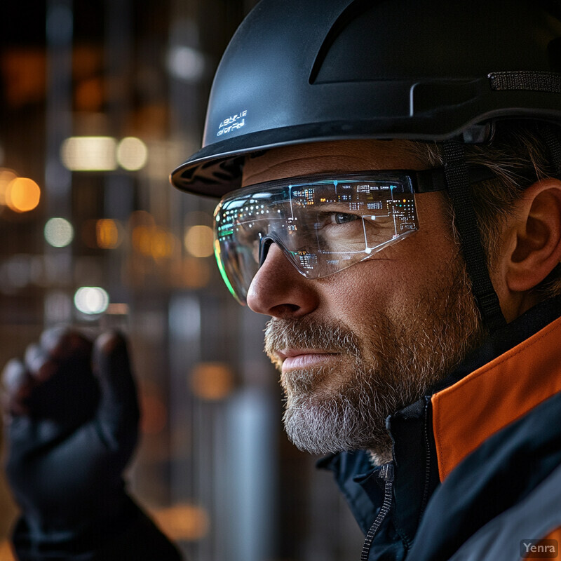 A man wearing a black hard hat and safety glasses with an orange collar stands in front of a blurred background.