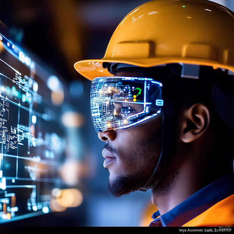 A man in a yellow hard hat and safety glasses with a blue tinted visor is intently gazing at a computer screen displaying various graphs and charts.