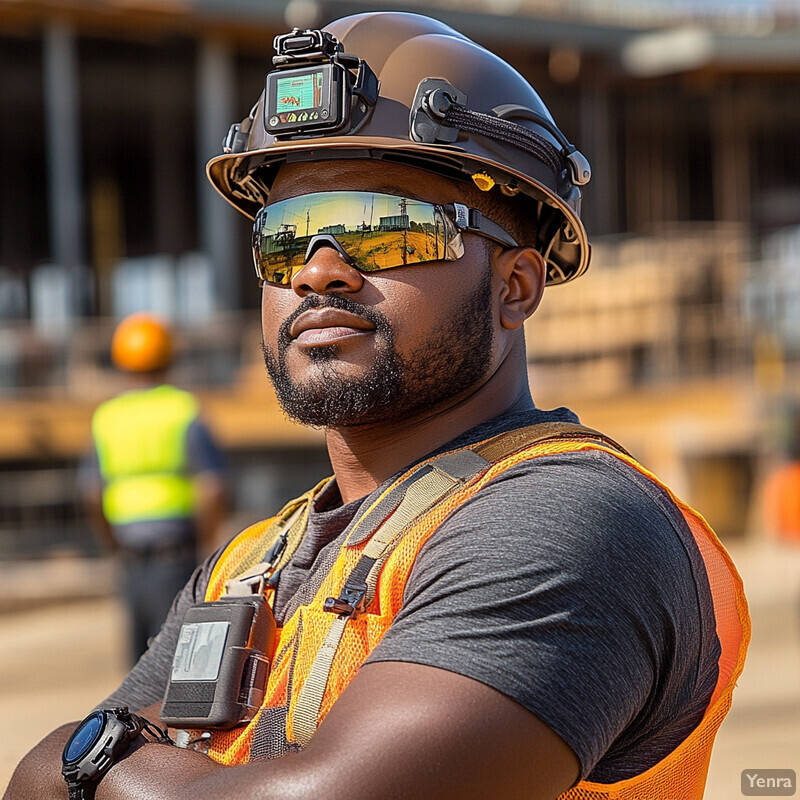 A construction worker is shown wearing a hard hat with a GoPro attached to it and several other safety devices.