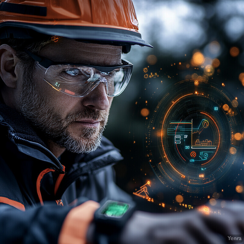 A construction worker is shown wearing an orange hard hat and safety goggles while looking at something in his hand.