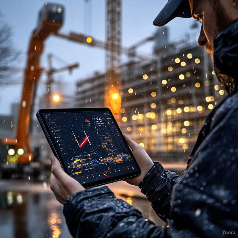 A man stands at a construction site holding an iPad displaying a graph.