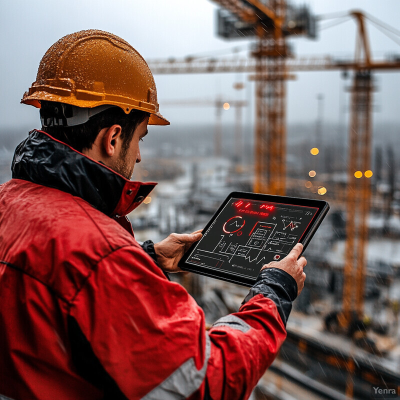 A man in a red jacket and yellow hard hat reviews data on his tablet at a construction site.