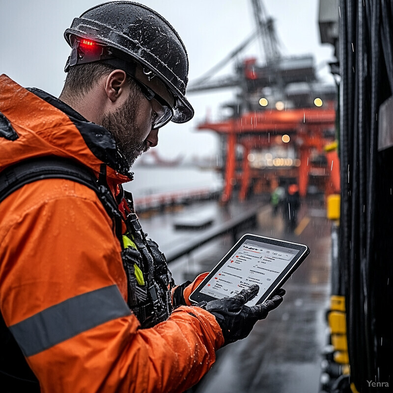 A man in an orange jacket and black hard hat checks his tablet for weather-related alerts on a dock or pier.