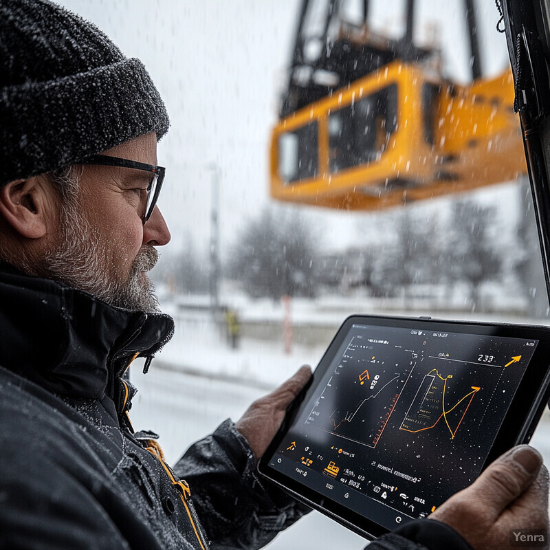 A man in winter attire is using a tablet to track data while working outdoors.