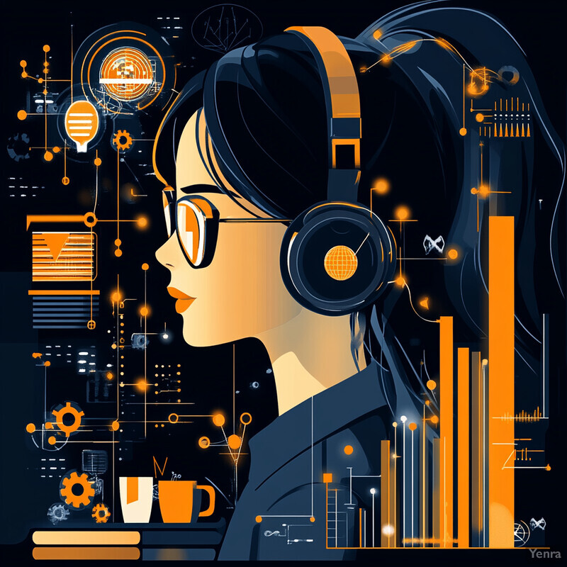 A woman with dark hair and glasses wearing headphones is surrounded by objects related to technology and innovation.