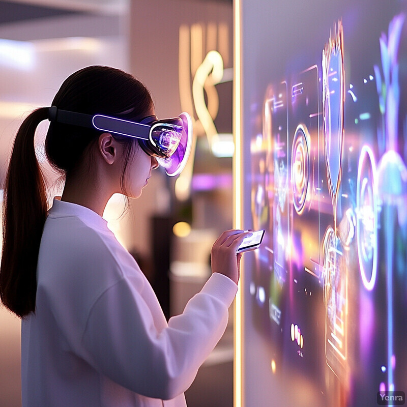 A woman wearing VR goggles and holding a smartphone in front of a large screen.