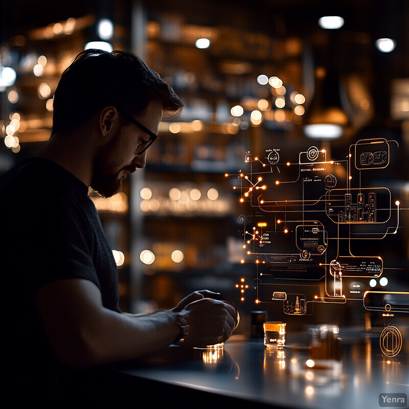 A man stands at a bar, looking down at his glass.