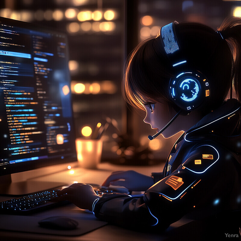 A young girl sits at a desk, intently focused on her computer screen, wearing a headset and using a keyboard.