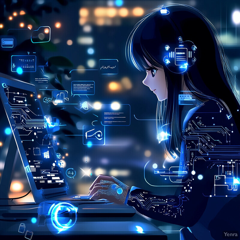 A young girl is intently focused on her computer screen, surrounded by various objects and a blurred cityscape in the background.