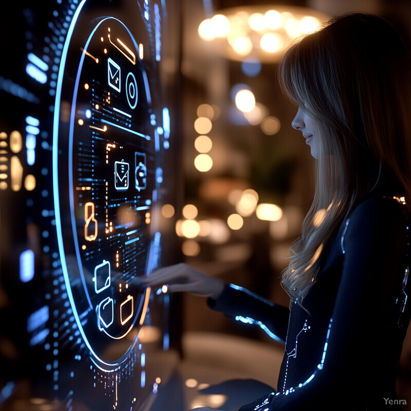 A woman interacts with an AI-powered chatbot or virtual assistant on a large screen.