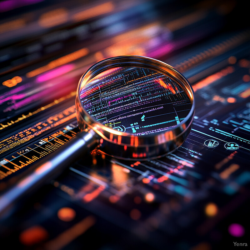 A magnifying glass is placed over a computer screen displaying code and charts.