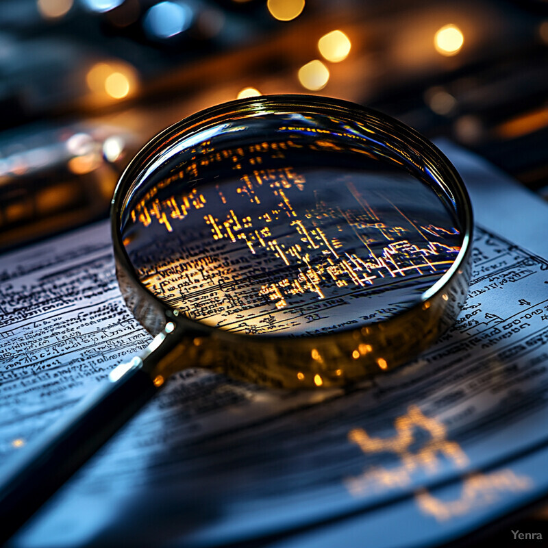 A magnifying glass is being used to examine a sheet of paper containing financial data and charts.