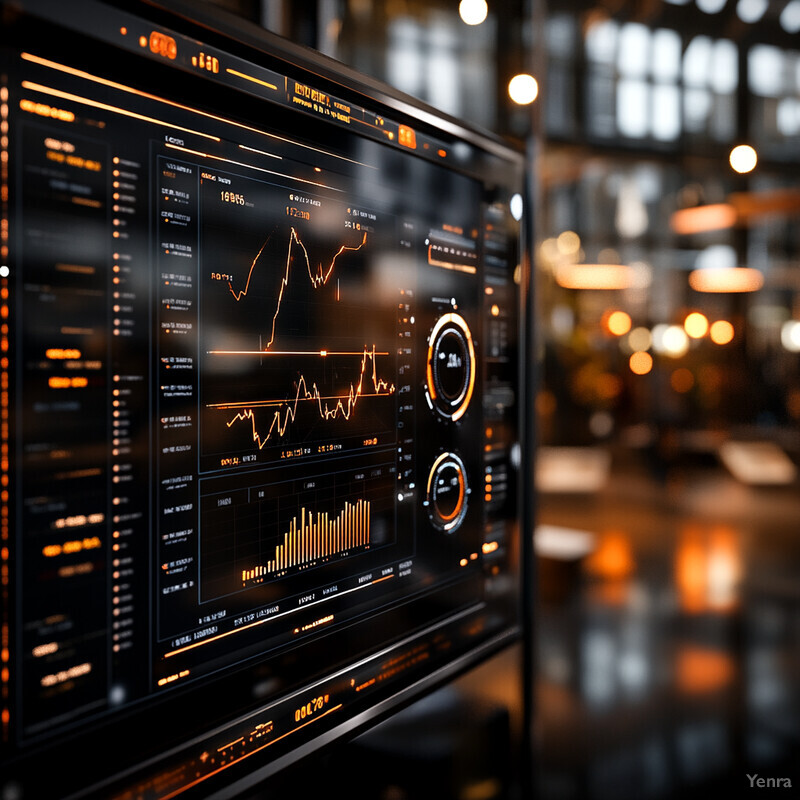 A large screen displays graphs and charts in an office setting, with a focus on data visualization and analysis.