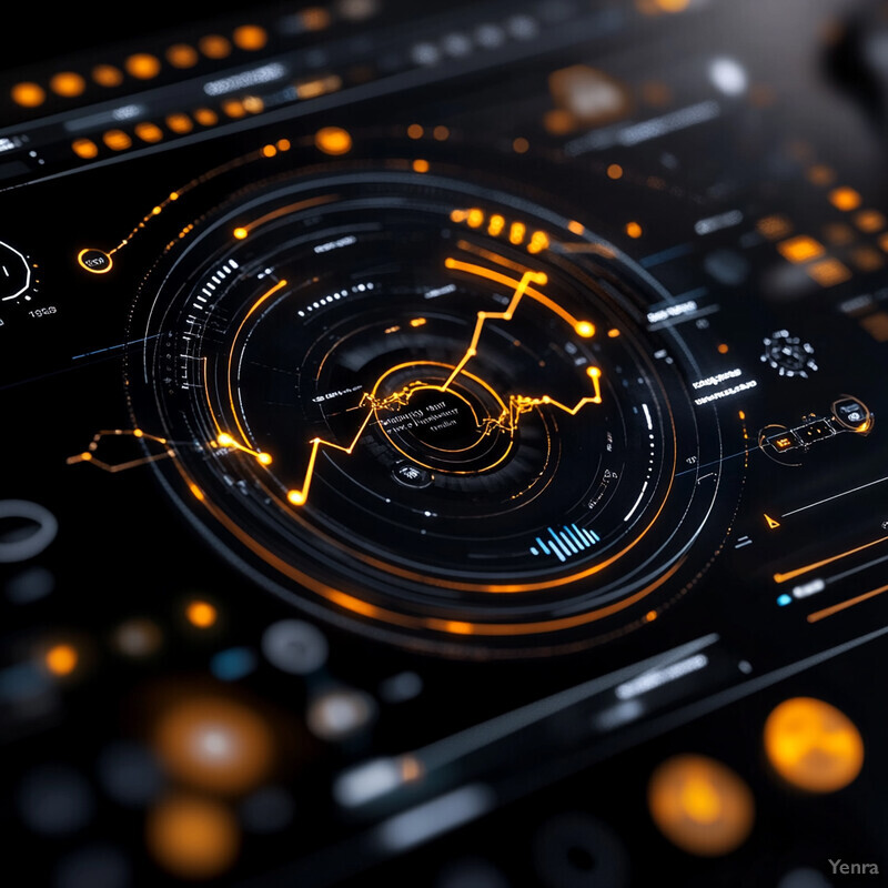 A complex visual representation of data, featuring a large circular graphic with an orange line graph and various other graphics.