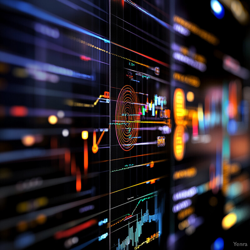 A complex data visualization featuring multiple graphs and charts on a black background.