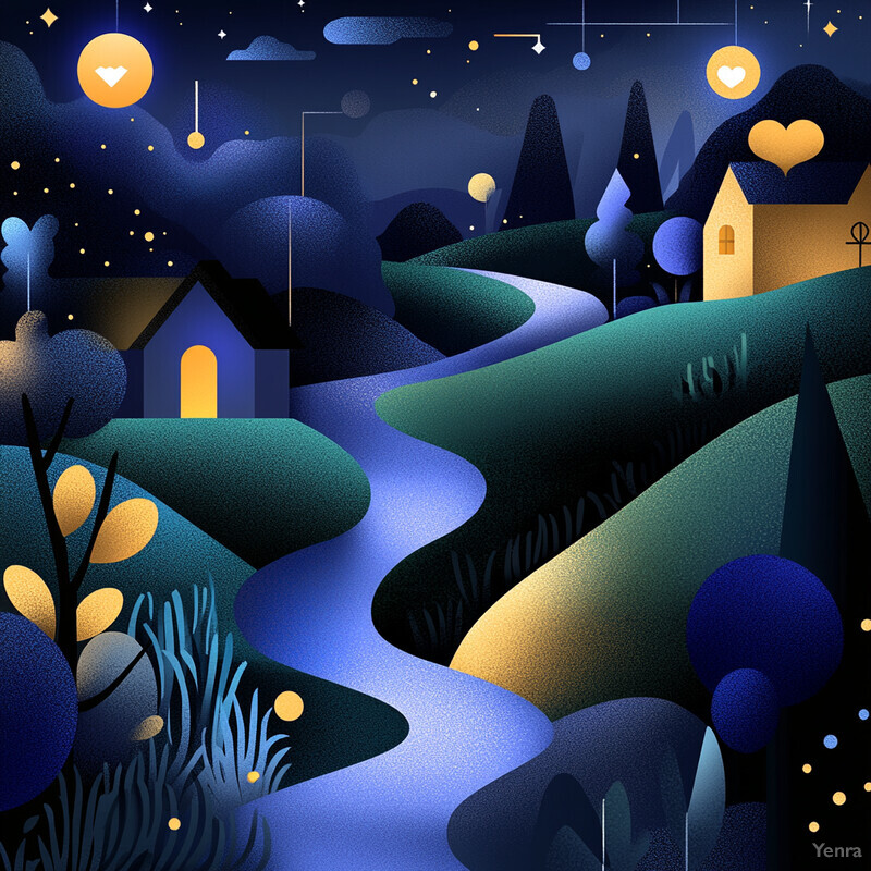 A serene and enchanting nighttime scene with rolling hills, trees, and a mountain range in the distance.