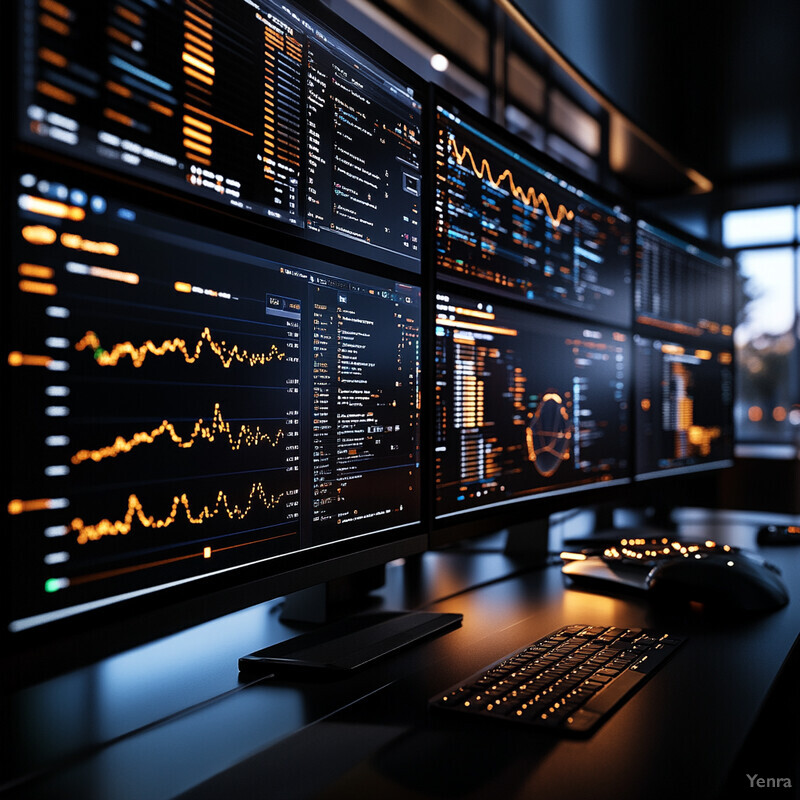 A dimly lit room with multiple computer monitors displaying graphs and charts, suggesting a professional workspace for data analysis.