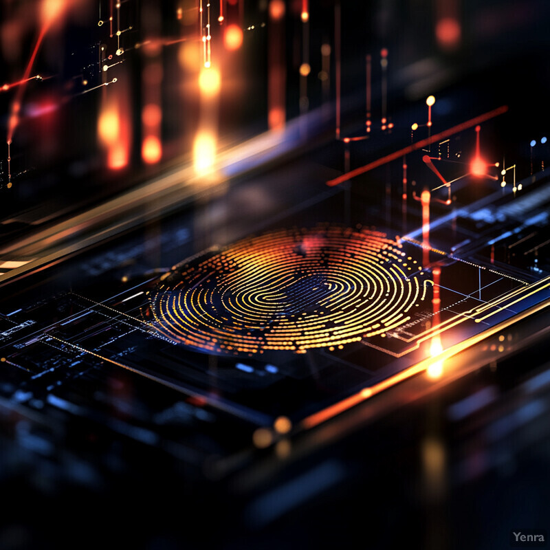 An abstract image representing fraud detection and security concepts, featuring a large fingerprint and various shapes and lines.