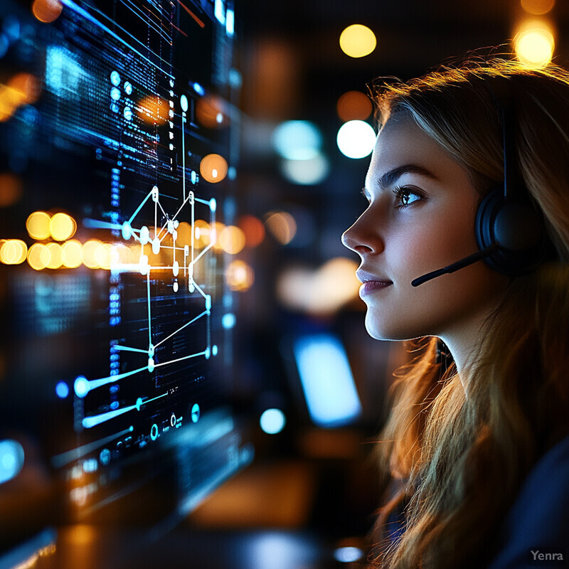 A woman wearing a headset looks at a computer screen displaying graphs and charts in an office setting.