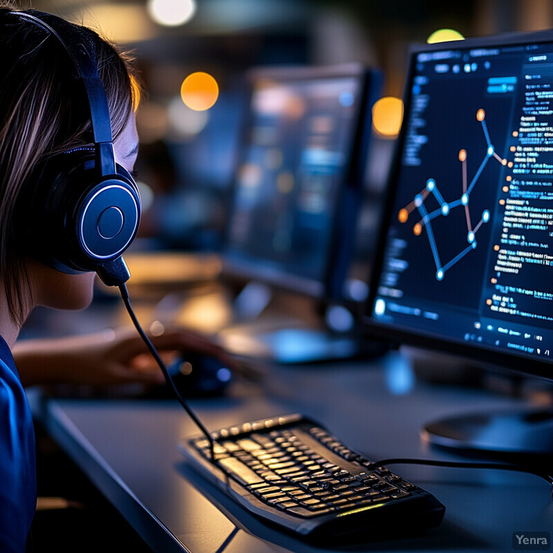 A woman works late at night in a high-pressure environment surrounded by computer screens.