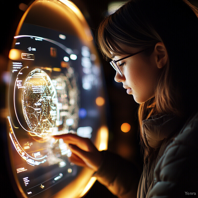 A young girl with glasses is intently looking at a digital screen, exploring its interactive features.