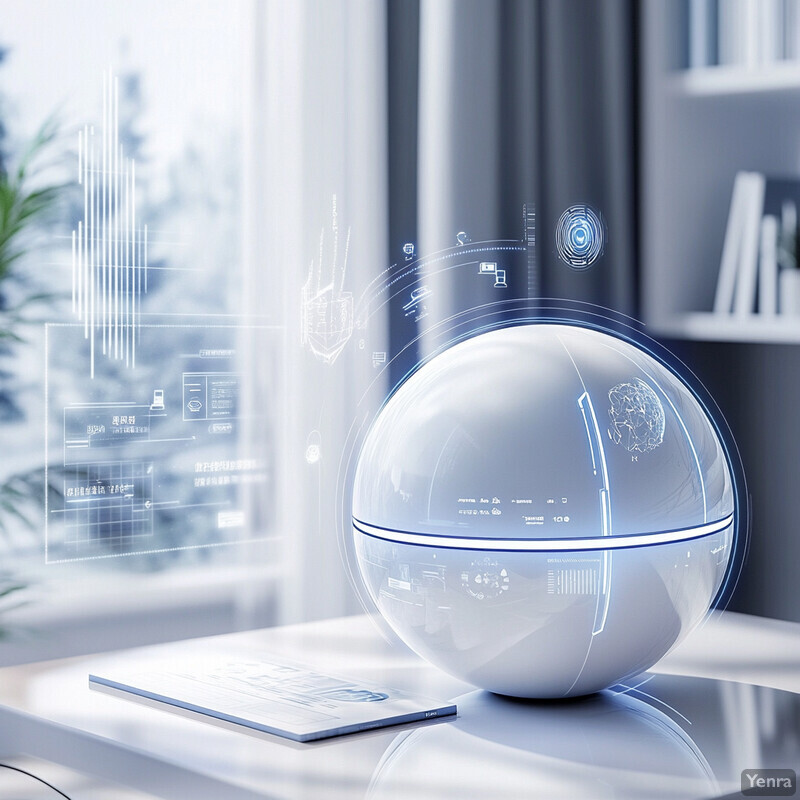 A futuristic-looking device with a transparent sphere at its center sits on a white table in an office setting.