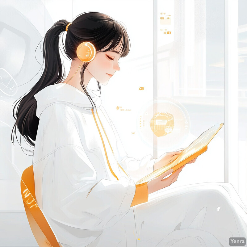 A young woman sits comfortably on an orange chair or sofa, reading a book or browsing through a tablet, surrounded by a calm and modern atmosphere.