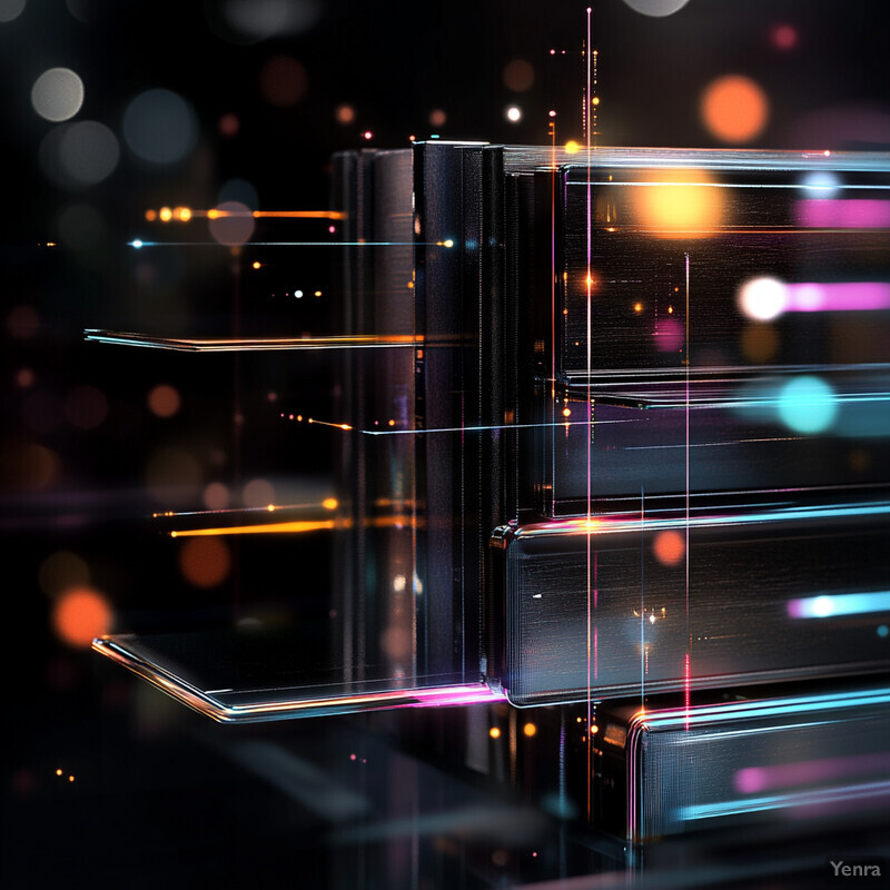 Glowing neon lines and abstract shapes in a futuristic setting with black, orange, blue, and pink accents.