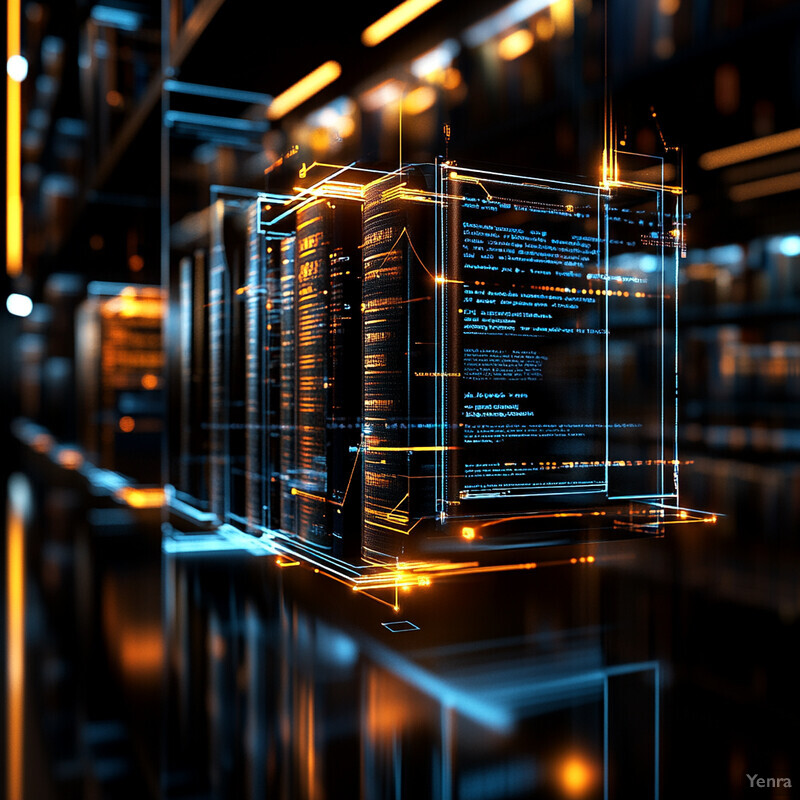 A futuristic computer system with multiple servers and data storage units in a dark room.