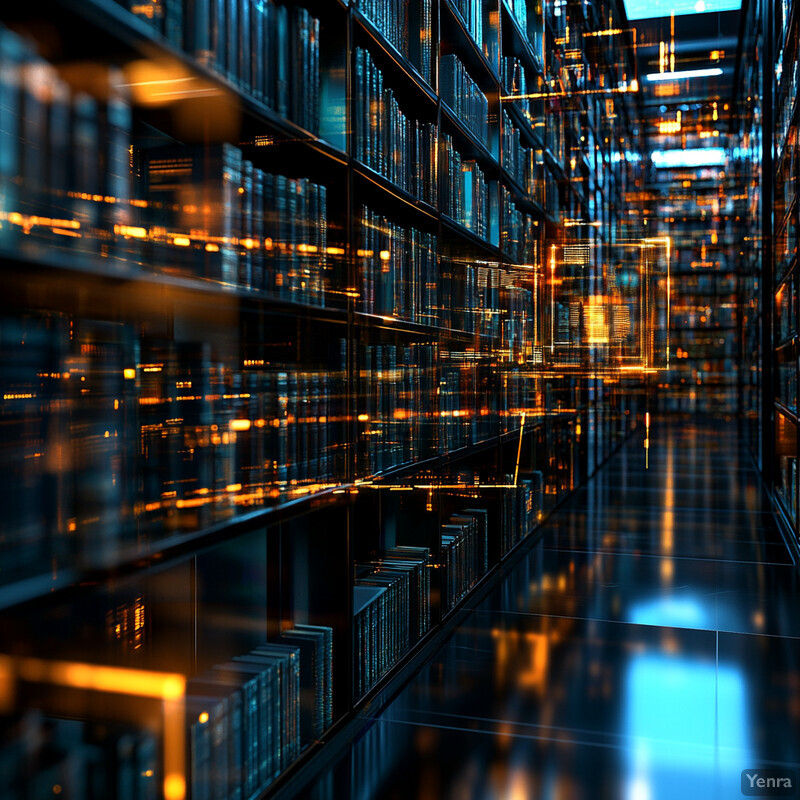 A large library with towering shelves of books and a wooden desk in the background.