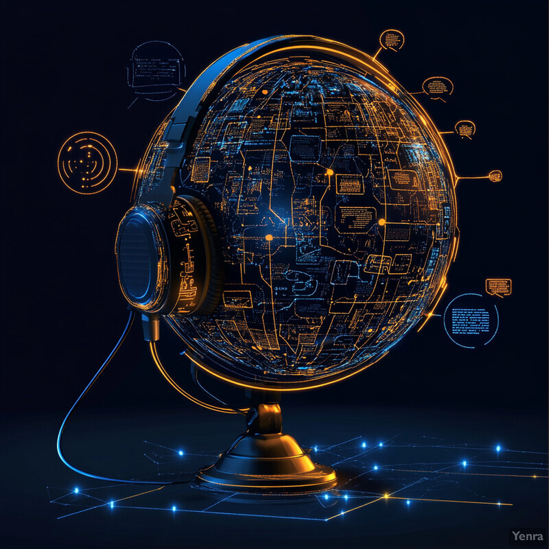 A futuristic globe with a glowing circuit board-like design and a stand.