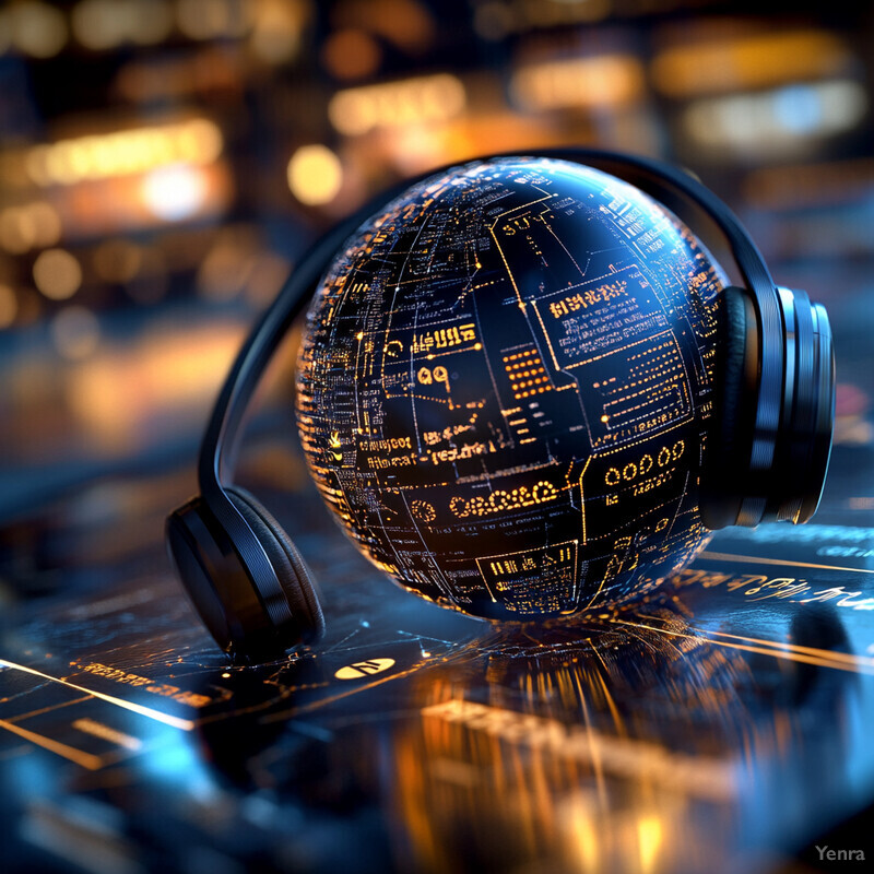 A globe with headphones on top of a surface covered in symbols and lines.