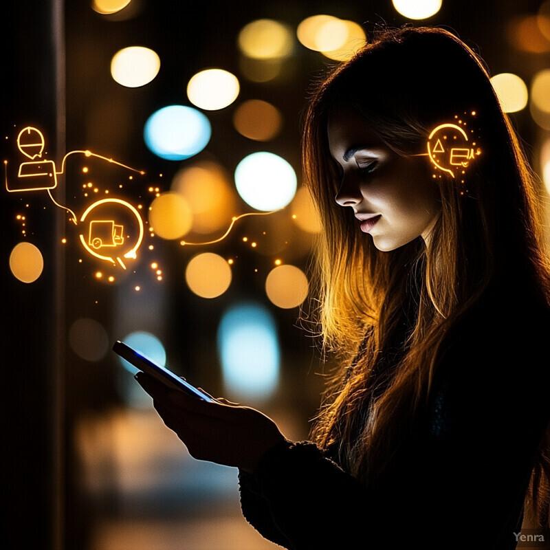 A woman is intently looking at her older-model iPhone on a darkened urban street or sidewalk, surrounded by icons related to transportation and communication.