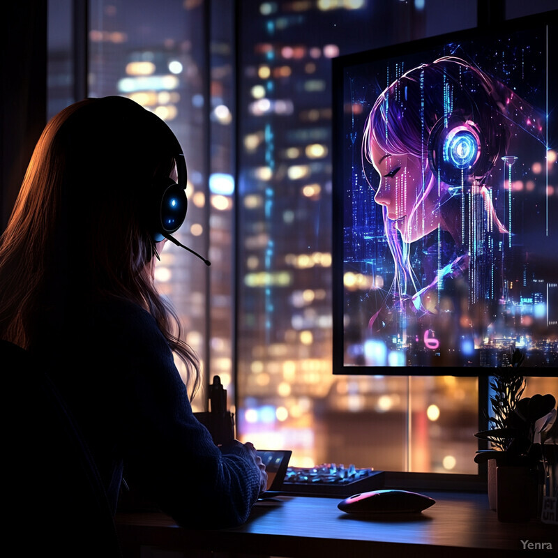 A woman sits in front of a computer monitor, wearing a headset and looking at the screen with a serious expression.