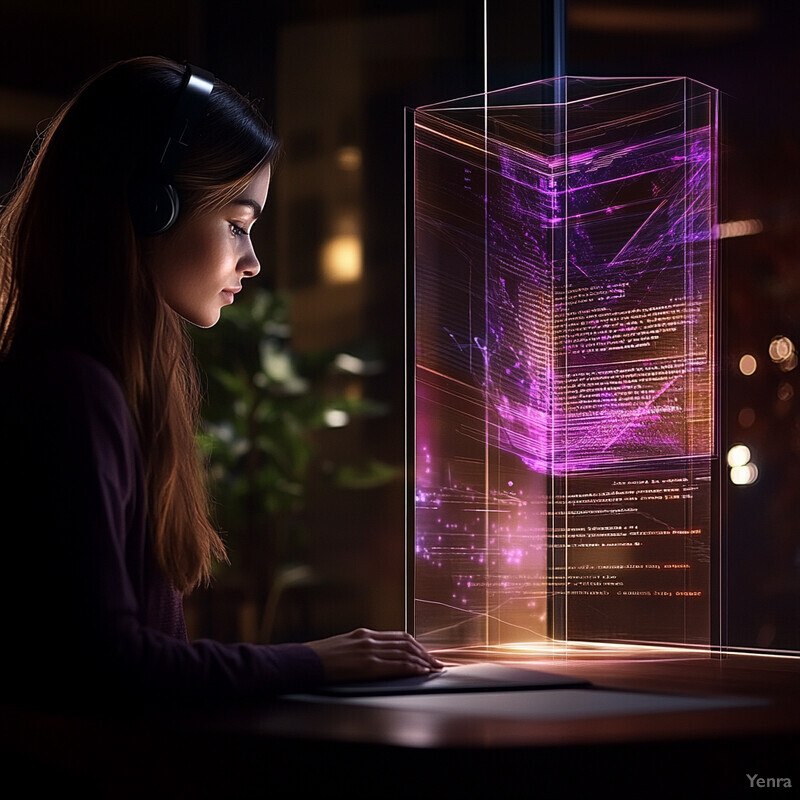 A woman with long brown hair and a purple sweater is intently focused on her computer screen, wearing headphones and typing away.