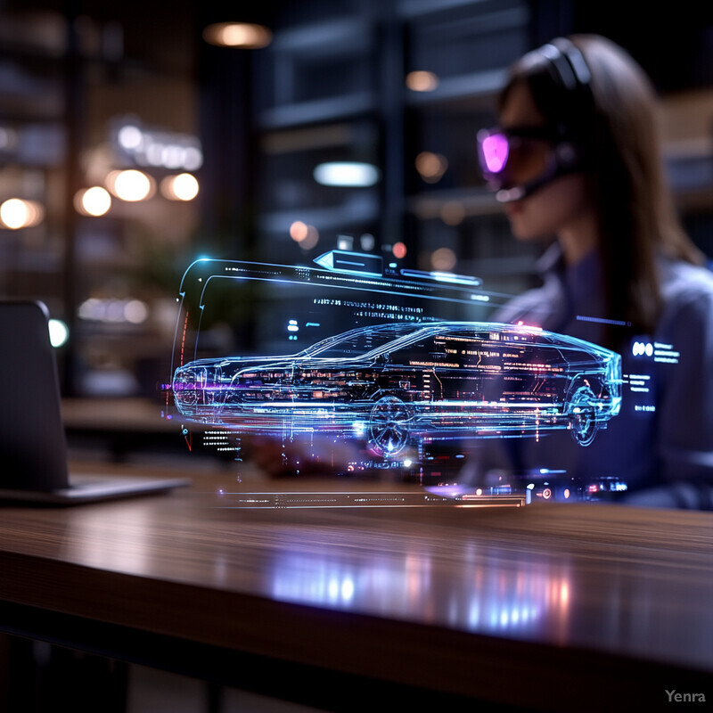 A woman works on a car design project using augmented reality glasses in an office setting.